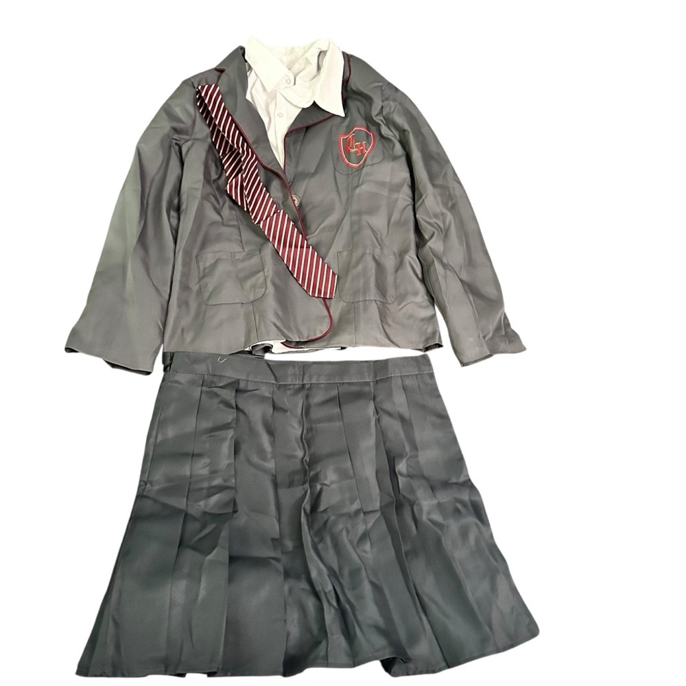 Navy Schoolgirl Blazer & Pleated Skirt Set with Burgundy Trim - Picture 2 of 5